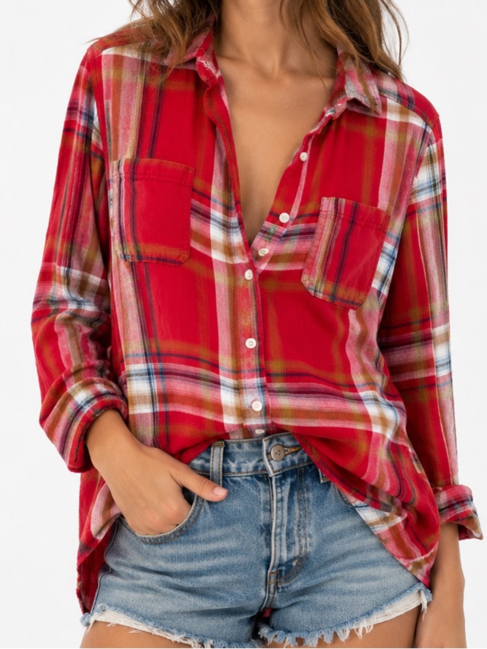 Mossimo Women's Red Plaid Button-Up Shirt - Casual Lightweight Top